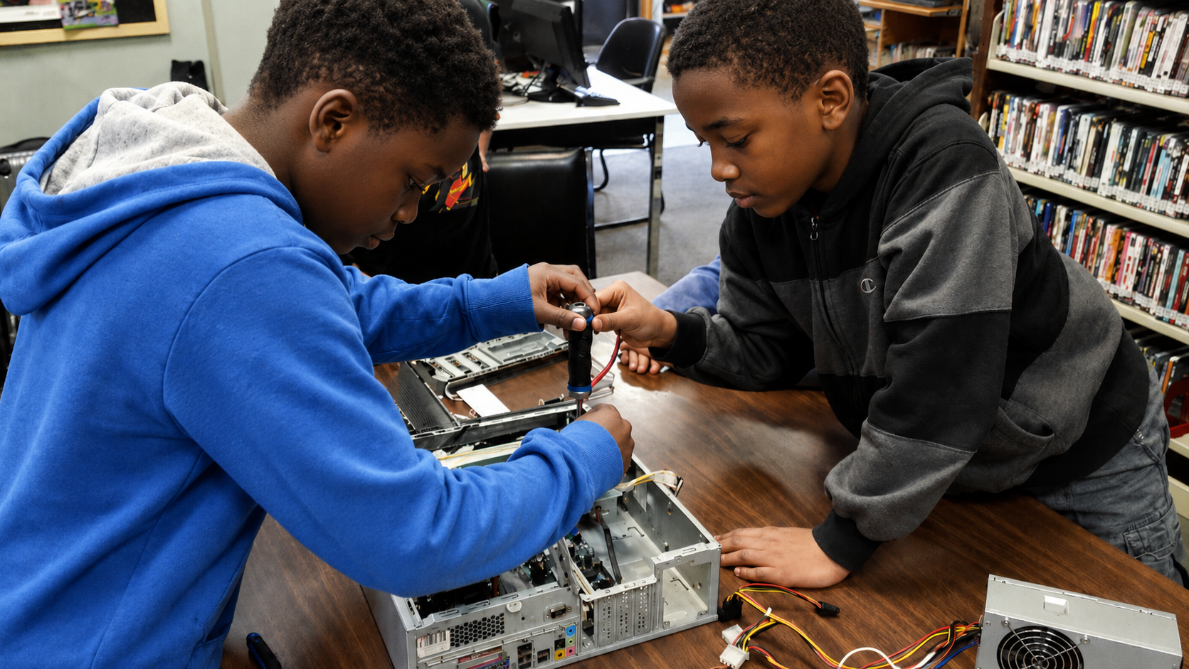 Two children repairing a computer together in a library